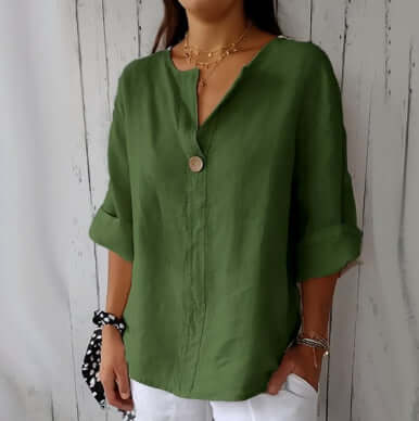 V-neck Long-sleeved Fashion Cotton Linen Button Top in green with rolled sleeves and a button detail.