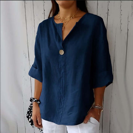 V-neck Long-sleeved Fashion Cotton Linen Button Top displayed in navy blue with rolled sleeves and a button detail.
