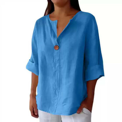 V-neck Long-sleeved Fashion Cotton Linen Button Top in blue, featuring a button detail and rolled sleeves.