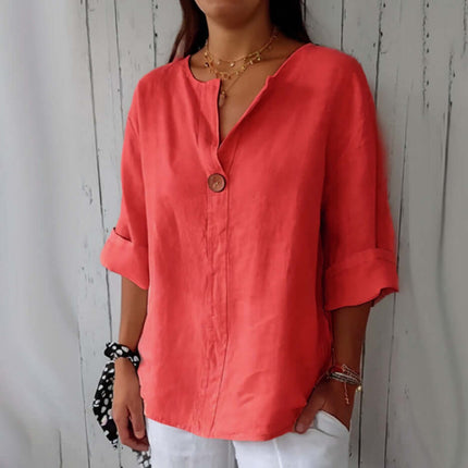 V-neck Long-sleeved Fashion Cotton Linen Button Top in coral with rolled sleeves and button detail