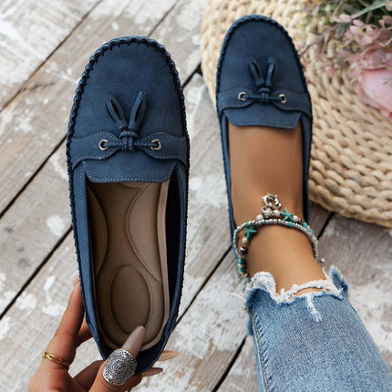 Women Round Head Loafers Non slip Soft Comfortable Flats in navy blue with decorative bow and soft insoles.