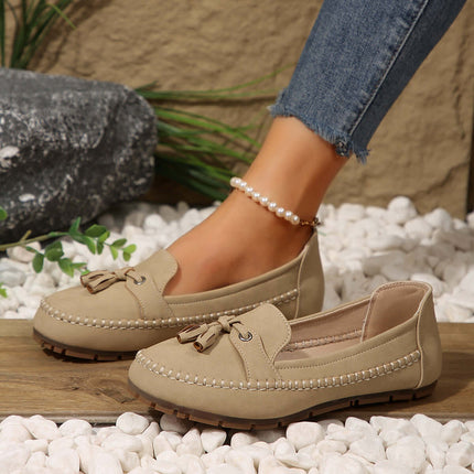 Women Round Head Loafers Non slip Soft Comfortable Flats in beige color, perfect for casual outings and comfort.