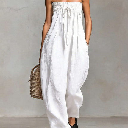 Women Strapless Ruched Jumpsuit Summer Fashion in white, perfect for warm-weather outings.