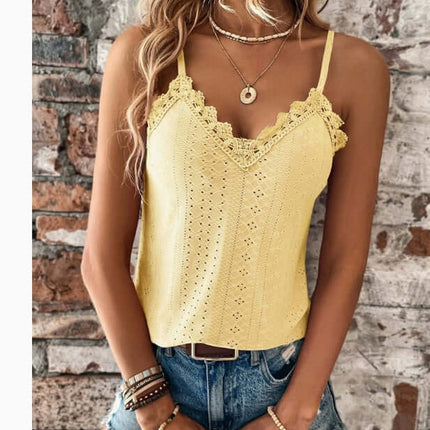 Women V Neck Lace Sling Vest Top Slim Fit Camisole in yellow with lace trim, styled with accessories and denim shorts.