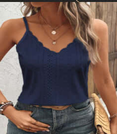 Women V Neck Lace Sling Vest Top Slim Fit Camisole in navy blue, featuring a scalloped neckline and stylish design.
