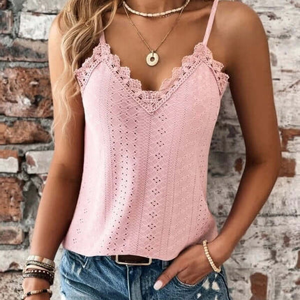 Women V Neck Lace Sling Vest Top Slim Fit Camisole in pink with lace detailing and paired with denim shorts.