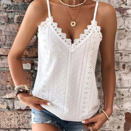 Women V Neck Lace Sling Vest Top Slim Fit Camisole displayed against a rustic brick wall, showcasing its stylish design.