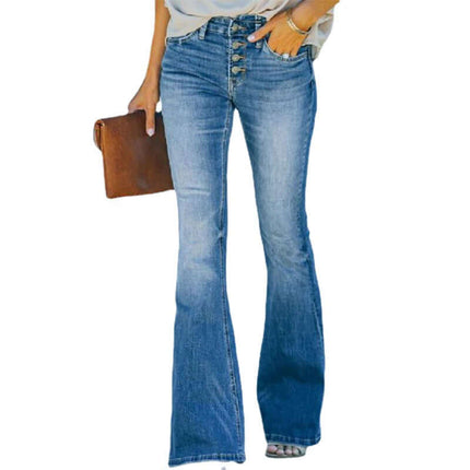 Womens High Waist Bell Bottom Jeans Trendy Street Style, stylish blue denim flared jeans with buttons.