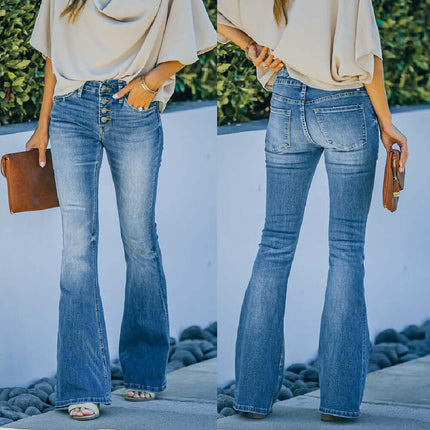 Womens High Waist Bell Bottom Jeans Trendy Street Style, featuring front and back views, stylishly paired with a casual top.