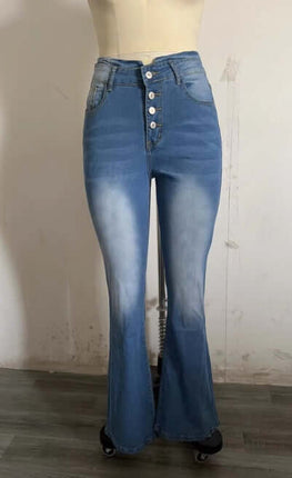 Womens High Waist Bell Bottom Jeans Trendy Street Style with button detail and faded blue wash