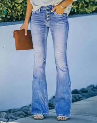Womens High Waist Bell Bottom Jeans Trendy Street Style worn with a casual top and handbag, showcasing modern fashion.