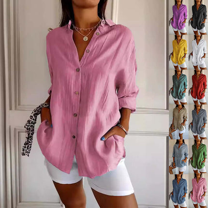Womens Lapel Long Sleeve Single Breasted Pleated Shirt in pink, showcasing a stylish casual look with button details and front pockets.