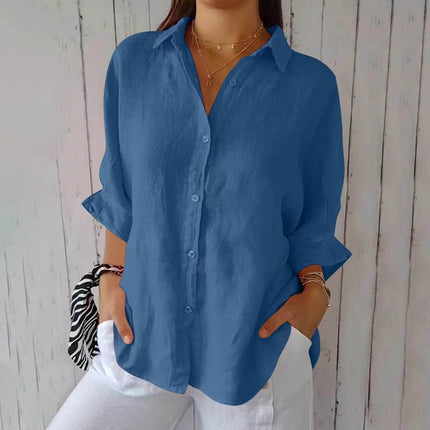 Womens Lapel Long Sleeve Single Breasted Pleated Shirt in blue, stylishly designed with a relaxed fit and button closure.