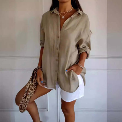 Womens Lapel Long Sleeve Single Breasted Pleated Shirt in light beige, styled with shorts and accessories.