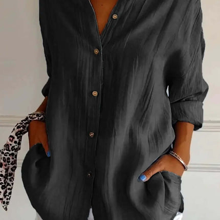 Womens Lapel Long Sleeve Single Breasted Pleated Shirt in dark gray worn with white shorts, showcasing a casual and stylish look.