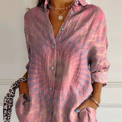 Womens Lapel Long Sleeve Single Breasted Pleated Shirt in pink and blue, featuring a casual fit and button-down design.