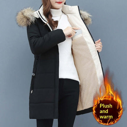 Womens mid-length padded jacket winter hooded coat showing plush interior for warmth and comfort.