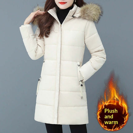 Womens Mid-Length Padded Jacket Winter Hooded Coat in beige with faux fur hood, plush and warm for cold weather.