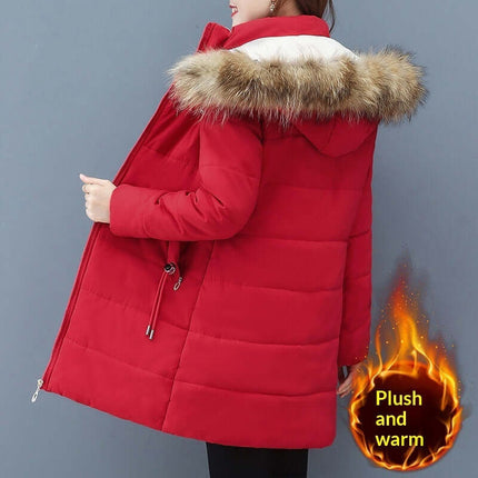 Womens mid-length padded jacket winter hooded coat in red with plush faux fur hood, perfect for warmth and style this winter.