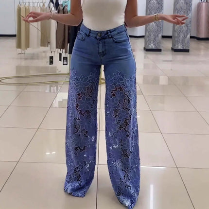Y2K Lace Flowers Hollow High Waist Wide Leg Jeans displayed on a model, showcasing intricate lace designs and a stylish fit.