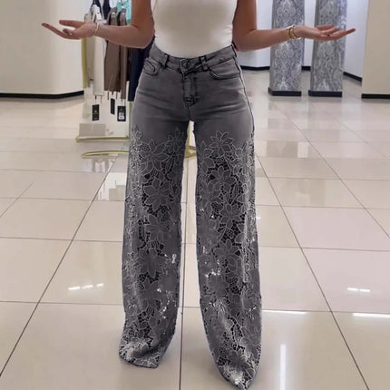 Y2K Lace Flowers Hollow High Waist Wide Leg Jeans displayed in a modern retail environment.
