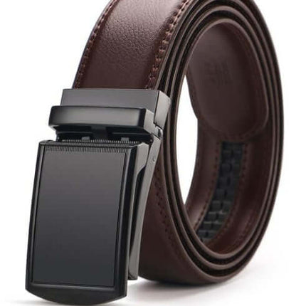 Adjustable Holeless Leather Belts for Men Automatic Buckle front view of leather belt