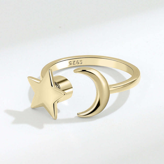 Adjustable Rotatable Star Moon Ring in elegant white gold finish reflecting studio light on a clean background