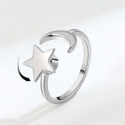 Adjustable Rotatable Star Moon Ring showing the flexible open band construction designed for a custom resize fit