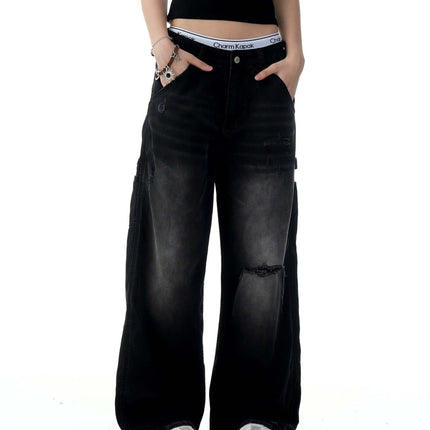 American Retro Tattered Jeans cotton fabric trousers.