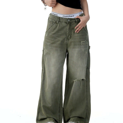 American Retro Tattered Jeans zip placket opening.