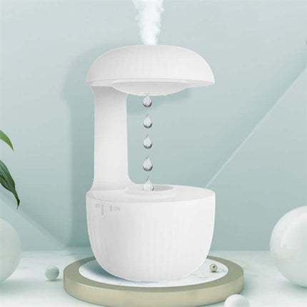 alt="anti-gravity silent air humidifier with relaxing cool mist floating droplets"