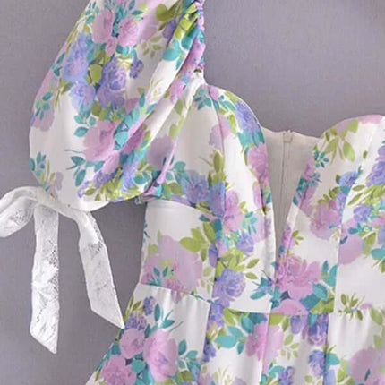 Elegant Asymmetric Puff Sleeve Lace Ruffle Dress for Women back view