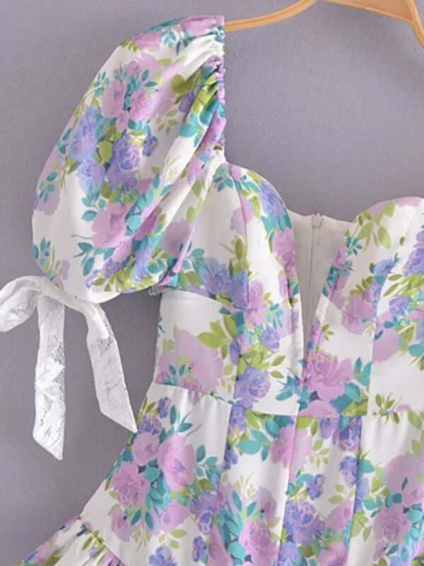 Elegant Asymmetric Puff Sleeve Lace Ruffle Dress for Women back view