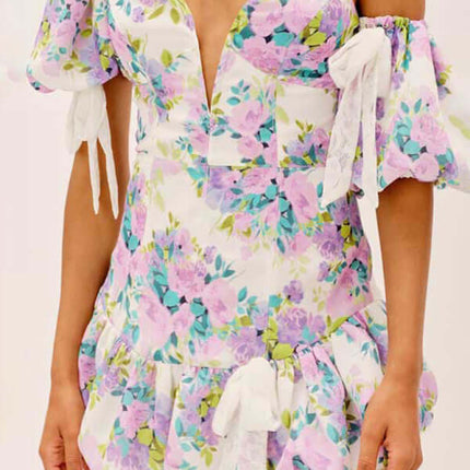 Elegant Asymmetric Puff Sleeve Lace Ruffle Dress for Women front view