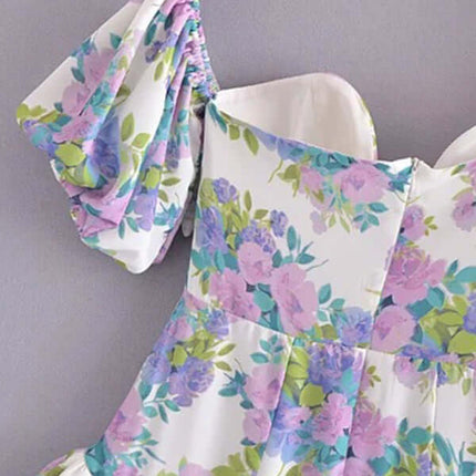 Elegant Asymmetric Puff Sleeve Lace Ruffle Dress for Women lace detail