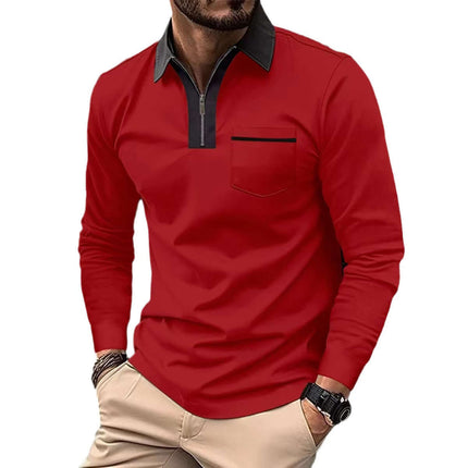 Autumn Mens Long Sleeve Zipper Polo Shirts bold athletic red and black design combination highlighting dynamic styling