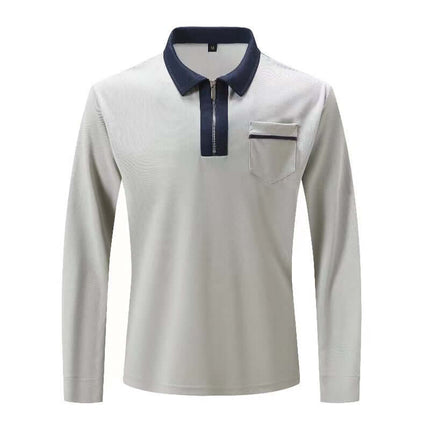 Autumn Mens Long Sleeve Zipper Polo Shirts active light blue and white layout showcasing crisp tailored long sleeves