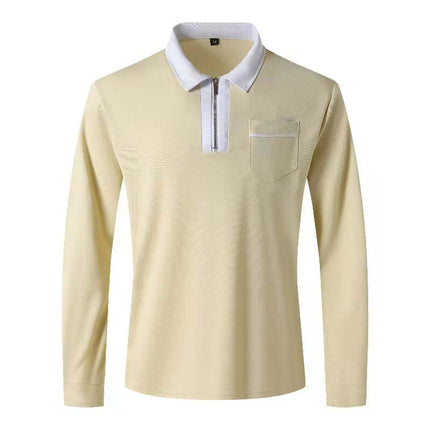 Autumn Mens Long Sleeve Zipper Polo Shirts elegant earthy khaki and white color selection lying on flat surface