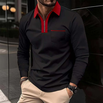 Autumn Mens Long Sleeve Zipper Polo Shirts tidy functional front chest pocket finish proving solid manufacturing craftsmanship