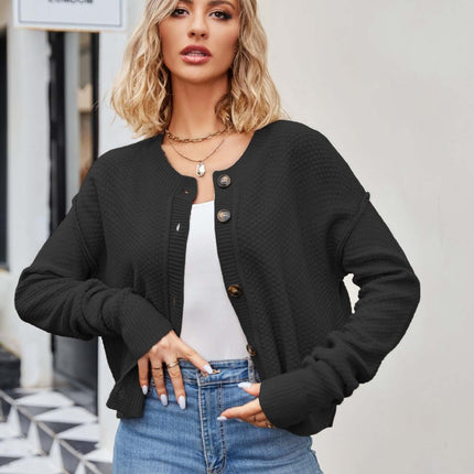 Autumn Single Button Commuter Knitted Cardigan Jacket worn by a woman in a stylish urban setting.