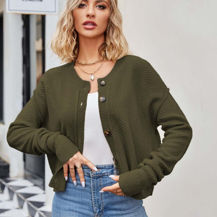 Autumn Single Button Commuter Knitted Cardigan Jacket in olive green worn by a model with a casual style.