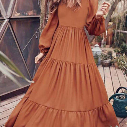 Autumn Temperament Women Large Swing Dress Round Neck front view purple