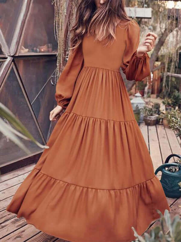 Autumn Temperament Women Large Swing Dress Round Neck front view purple