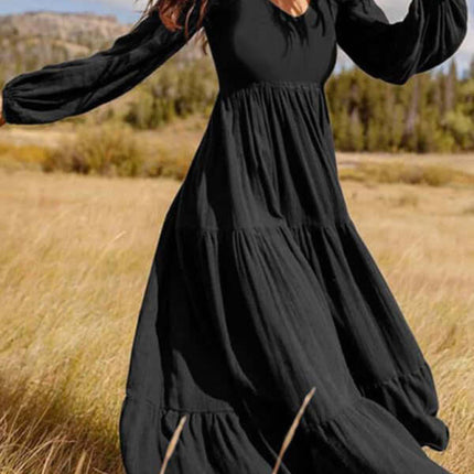 Autumn Temperament Women Large Swing Dress Round Neck long puff sleeve detail