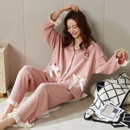 Autumn Winter Cotton Cartoon Pajama Set Women cartoon pattern detail