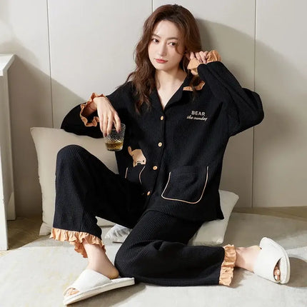 Autumn Winter Cotton Cartoon Pajama Set Women cozy bedtime outfit