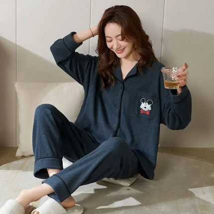 Autumn Winter Cotton Cartoon Pajama Set Women relaxed fit pajama set for autumn and winter