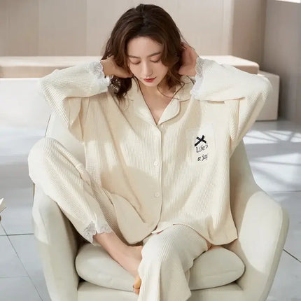 Autumn Winter Cotton Cartoon Pajama Set Women adorable cartoon pattern nightwear set