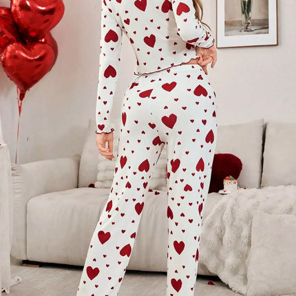 Autumn Winter Heart Print 2 Piece Pajama Set front view