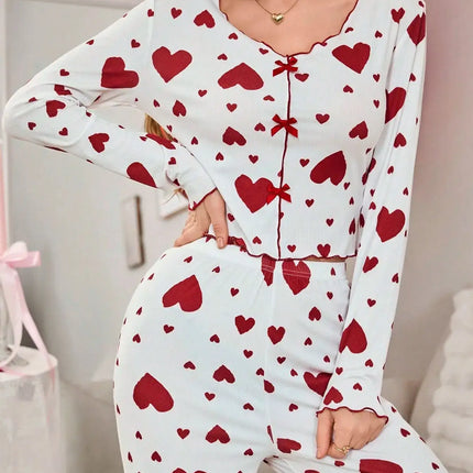 Autumn Winter Heart Print 2 Piece Pajama Set heart pattern detail